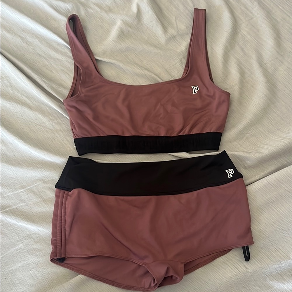 Pink and Black Sports Bra and Shorts Set